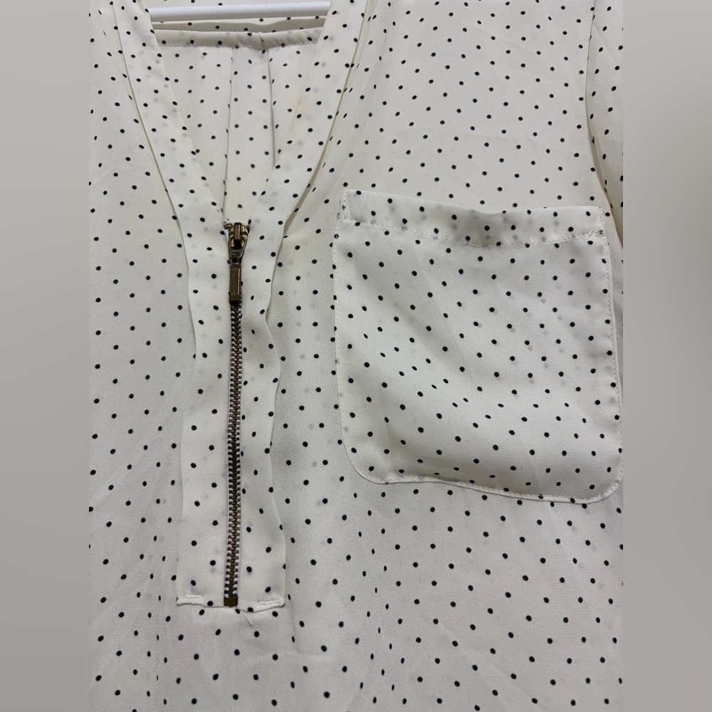 Zara Basic Polka Dot Blouse Zip Front Roll Tab Sl… - image 7